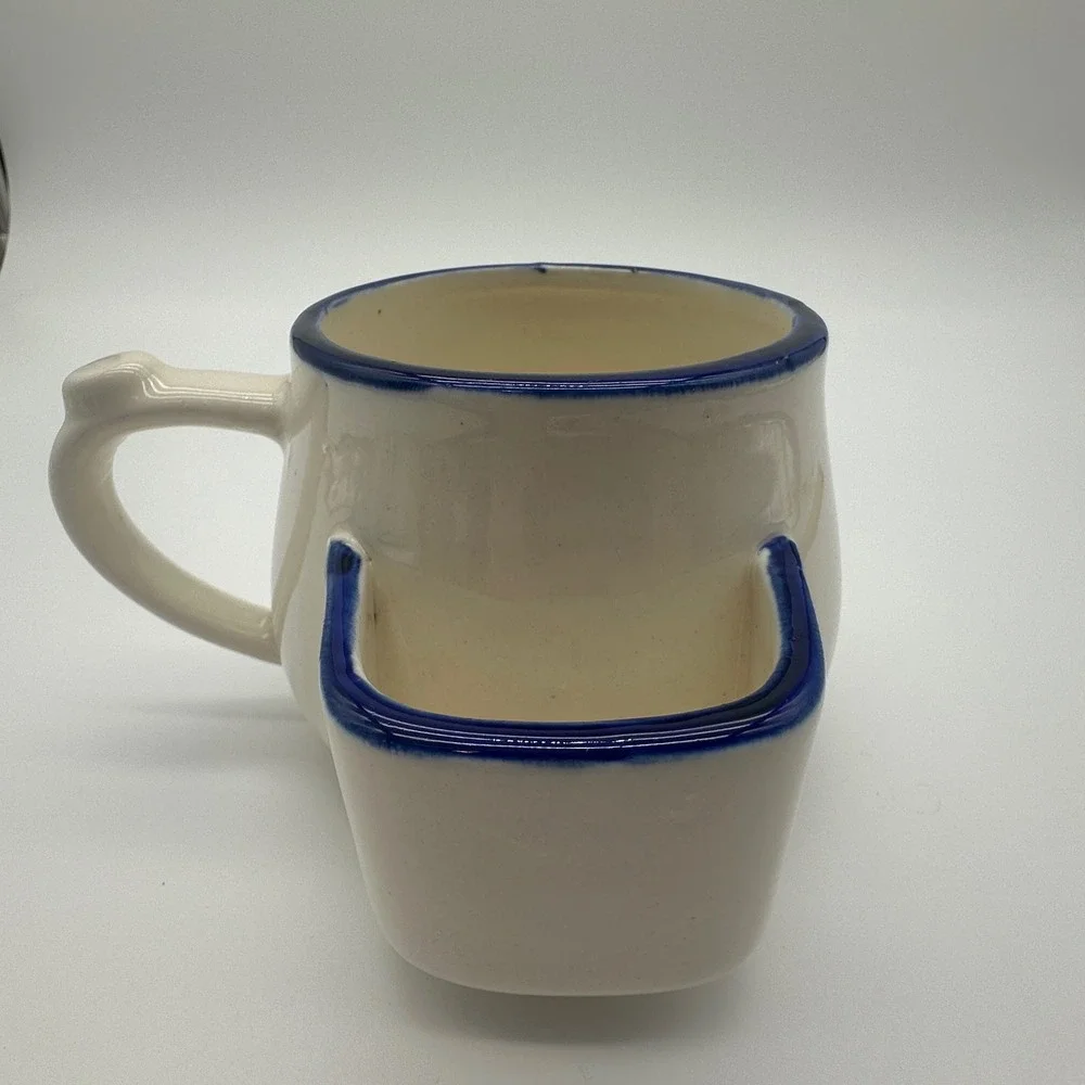 Vintage Ceramic Shaving Cream Mug with Side Brush Pocket Blue Rim Cream Pottery